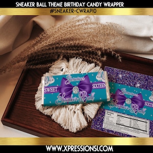 Purple and Turquoise Glam Birthday Candy Wrapper | Glitter Purple Candy Wrappers | Sneaker Ball Theme Candy Wrapper | DIGITAL FILE