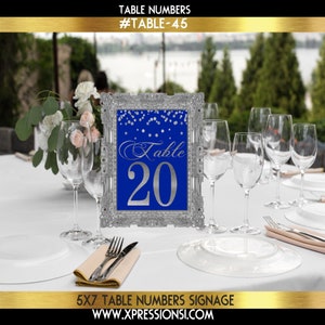 Royal Blue and Silver Table Numbers, Event Table Numbers, Silver and Blue Table Numbers, Silver Glitter Table Numbers, Digital File,