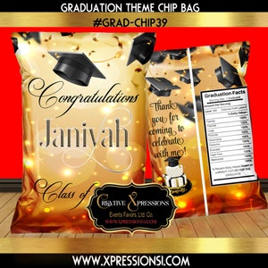 Graduation Chip Bag | Black and Gold Graduation Hats Chip Bag | 2021 Graduate | 2022 Graduate | Black and Gold | Emailed File