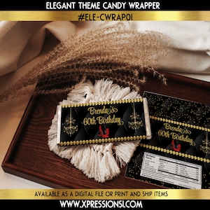 May include: Black and gold candy bar wrapper with a black and gold design featuring a chandelier and a red high heel shoe. The text "Brenda's 60th Birthday" is printed on the wrapper.