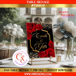 Letrero de mesa de 8 x 10 en negro y dorado con rosas rojas, letrero de mesa para bodas, cumpleaños, despedidas de soltera, letrero de mesa glamoroso en negro con rosas rojas