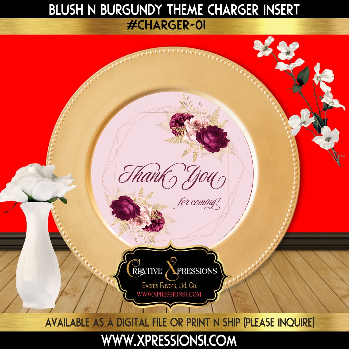 Blush and Burgundy Wedding Charger Insert 8x8 Charger Insert Etsy