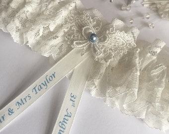 PERSONALISED BLUE AND IVORY WEDDING GARTER PLUS SIZE LARGE