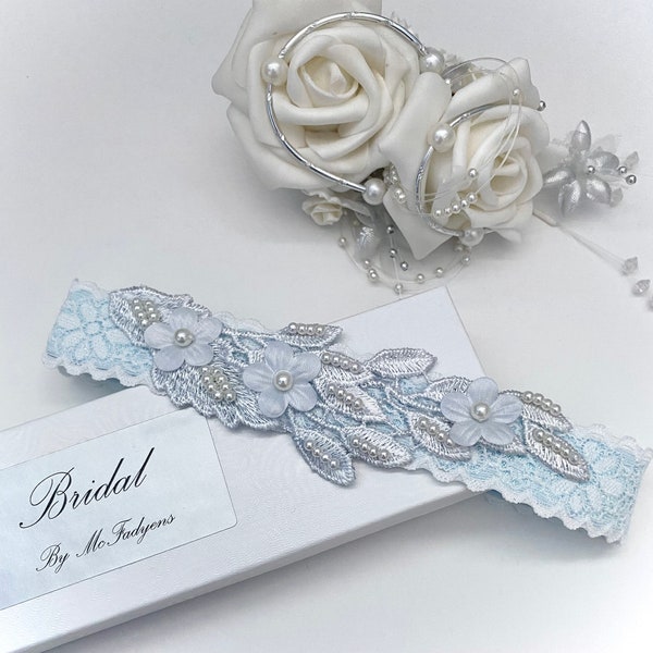 Blue wedding garter, beaded embroidered lace, gift boxed