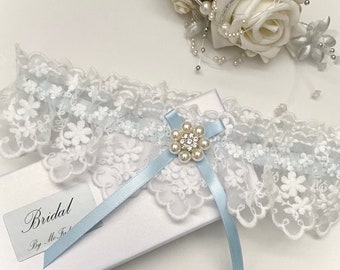 Wedding garter, Embroidered lace, Blue bow, Gift boxed