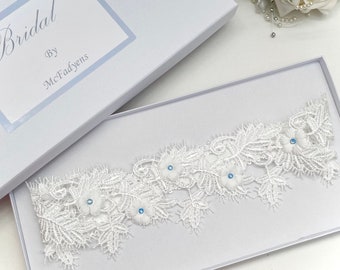 Wedding garter, Blue Gems and Off White Guipure Lace, Gift boxed