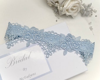 Blue Guipure Wedding Garter, Gift boxed