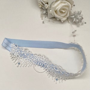 Powder Blue Wedding Garter. Boxed, Off White Guipure Lace image 4