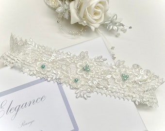 Wedding garter - Ivory & Blue Beaded Alencon lace, Elasticated.