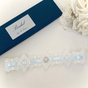 Wedding garter, Blue/Off White Guipure slotted lace. XSmall to XXLarge, gift boxed image 1