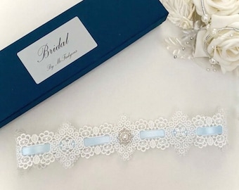 Wedding garter, Blue/Off White Guipure slotted lace. XSmall to XXLarge, gift boxed