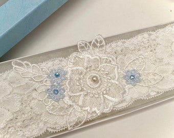 Wedding Garter, Blue & Ivory, Gift Boxed