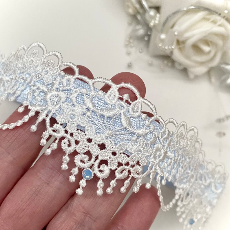 Powder Blue Wedding Garter. Boxed, Off White Guipure Lace image 3