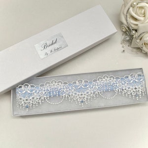 Powder Blue Wedding Garter. Boxed, Off White Guipure Lace image 1