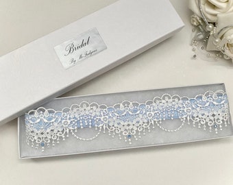 Powder Blue Wedding Garter. Boxed,   Off White Guipure Lace