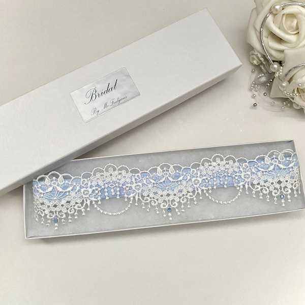 Powder Blue Wedding Garter. Boxed,   Off White Guipure Lace
