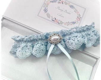 Light Blue Wedding Garter, Soft Embroidered Lace, Various Sizes