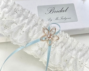 Wedding garter - Blue & soft ivory, Gold flower and pearls, Gift boxed.