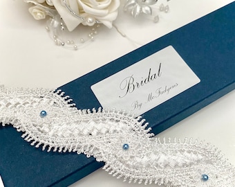 Wedding Garter, Gift boxed. Off White Guipure Lace with Blue Pearls. XSmall to XXLarge