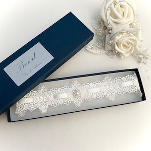 Wedding garter, Off white guipure slotted lace. XSmall to XXLarge, gift boxed
