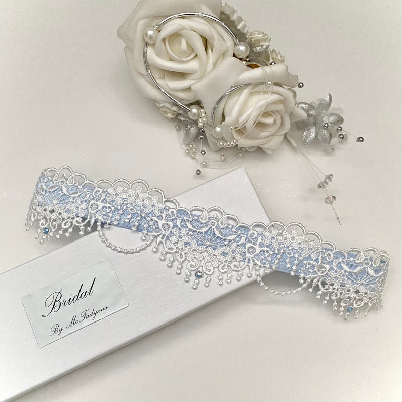 Powder Blue Wedding Garter. Boxed, Off White Guipure Lace image 2