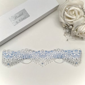 Powder Blue Wedding Garter. Boxed, Off White Guipure Lace image 5