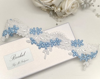 Wedding Garter, Gift boxed. Blue & Off White Two Tone Guipure Daisy Lace