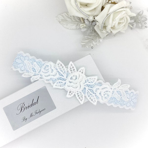 Wedding garter, Blue and Off White, Guipure Lace Embroidered Appliqué, Gift Boxed.