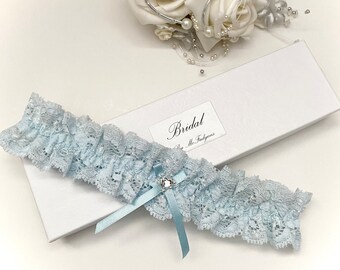 Wedding Garter, Blue Lace with Heart gem centre