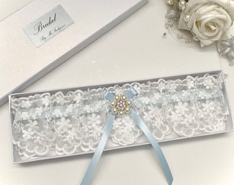 Wedding garter, Embroidered lace, Blue bow, Gift boxed