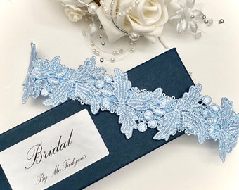 Powder Blue Wedding Garter. Boxed, Vine Guipure Lace.