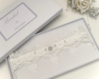 Wedding Garter, Off White Guipure Lace with Diamantés & Ivory pearls, Gift boxed.