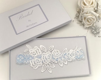 Wedding garter, Blue and Off White, Embroidered Appliqué, Gift boxed