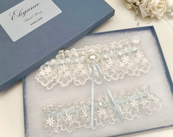 Blue & Ivory Wedding garter set, Embroidered lace, Gift boxed