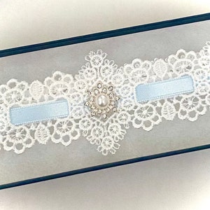 Wedding garter, Blue/Off White Guipure slotted lace. XSmall to XXLarge, gift boxed image 3