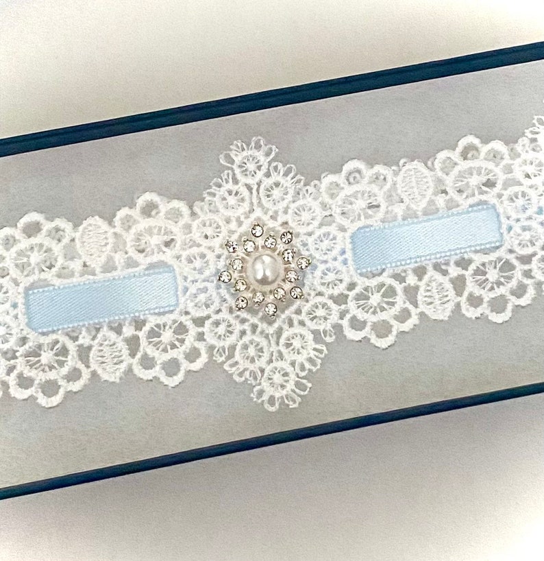 Wedding garter, Blue/Off White Guipure slotted lace. XSmall to XXLarge, gift boxed image 3