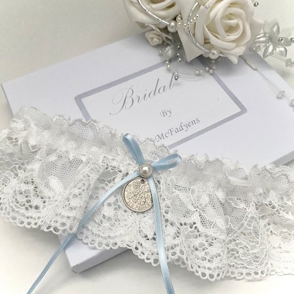 Sixpence Wedding garter - Blue & Off White, Gift Boxed