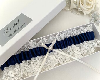 Something Blue Wedding Garter, Navy blue and ivory - Gift boxed