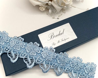 Dusky Blue Wedding Garter. Boxed, Floral Guipure Lace.
