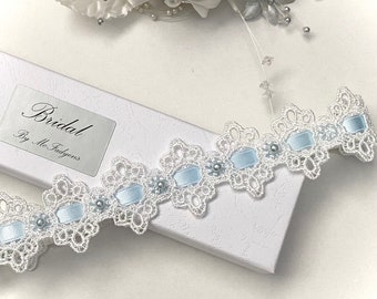 Wedding garter, Sky blue, Guipure slotted lace. Gift boxed.