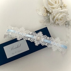 Wedding garter, Blue/Off White Guipure slotted lace. XSmall to XXLarge, gift boxed image 2