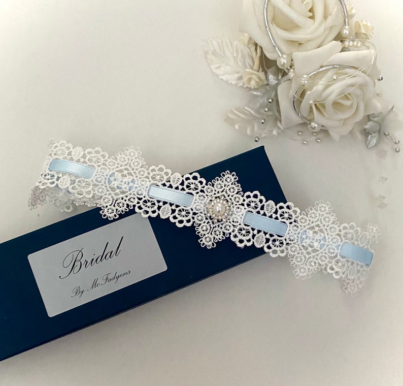 Wedding garter, Blue/Off White Guipure slotted lace. XSmall to XXLarge, gift boxed image 2