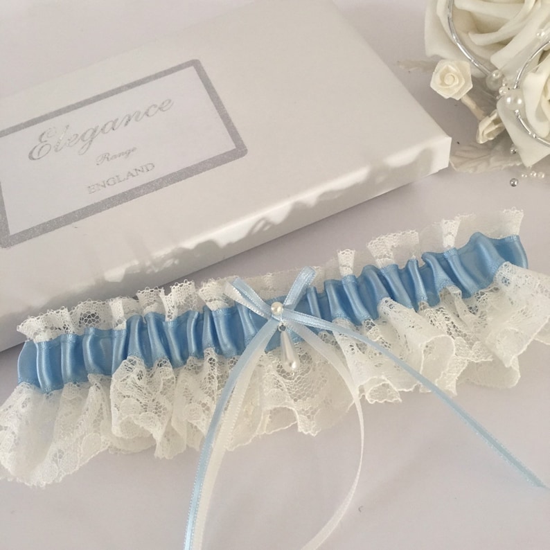light blue and ivory available in SM /& Plus sizeLarge Something Blue Wedding Garter