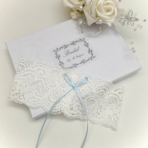 Wedding garter, gift boxed, blue, flat for tight fitting dresses, XS - XL