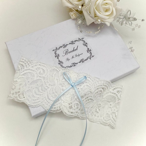 Wedding garter, gift boxed, blue, flat for tight fitting dresses, XS - XL