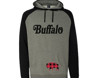 Buffalo NY Plaid Bison 716 Raglan Hooded Sweatshirt Buffalove Momma Mommy Poppa