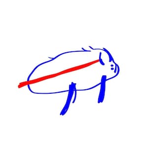 May include: A blue cartoon pig with a red line across its body. The pig has a simple, childlike drawing style.
