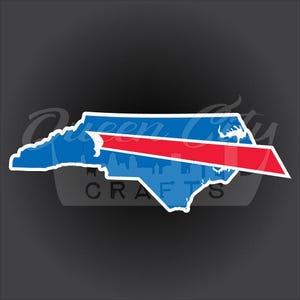May include: A blue and red outline of the state of North Carolina with a red diagonal stripe across the middle. The state outline is filled in with blue and the stripe is filled in with red.