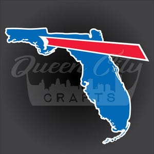 May include: A blue and red outline of the state of Florida with a red and white diagonal stripe across the middle. The stripe is reminiscent of the Buffalo Bills logo.