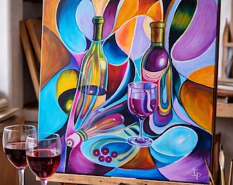 Wine bottle Original Art / Red Wine bottles Painting for Dining Room Decor /Modern home deco / Abstract Kitchen Wall Art